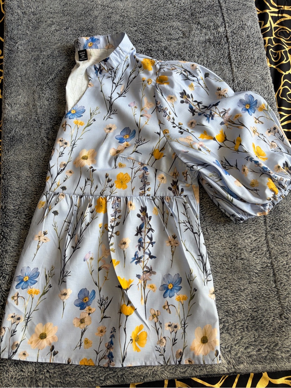 SHEIN Light Blue Floral Puff-Sleeve Dress with Yellow Accents